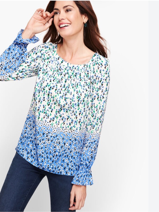 Talbots Tops - Talbots Cream Blouse with Blue and Green Floral Print Large Petite